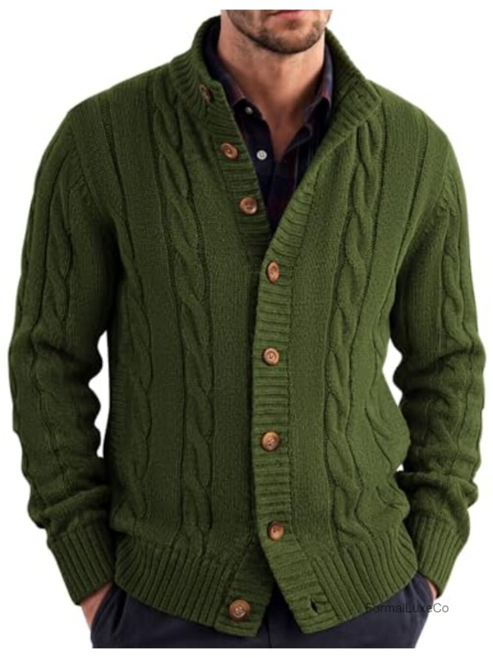 Mens Cardigan Sweater Slim Fit Stand Collar Cable Knit Long Sleeve Button